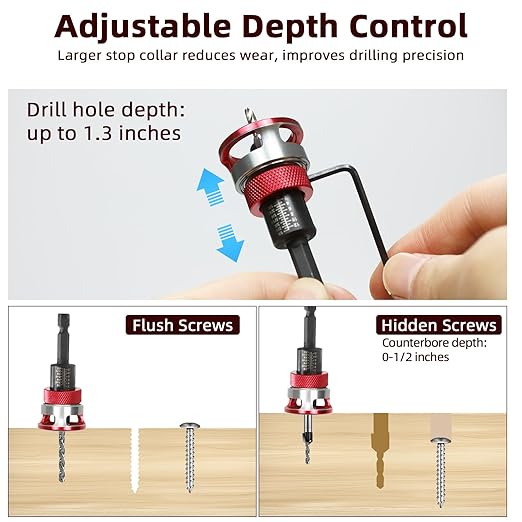 7-Piece Countersink Drill Bit Set with Aluminum Alloy Stop Collar, a Screwdriver Bit, 5 HSS M2 Tapered Bits and a Wrench, 1/4" Hex Shank Countersink Drill Bit for Woodworking