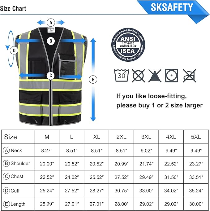 SKSAFETY 10 Pockets Safety Vest, Class 2 High Visibility Security with Zipper, Hi Vis Vest with Reflective Strips, ANSI/ISEA Standard, Construction Work Vest for Men ＆ Women （Black, L）