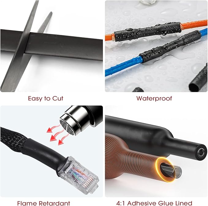 Heat Shrink Tubing 4:1 Dual Wall Adhesive Liner Wires Cable Wraps Connection Protection (Black, 1/2"-18ft)