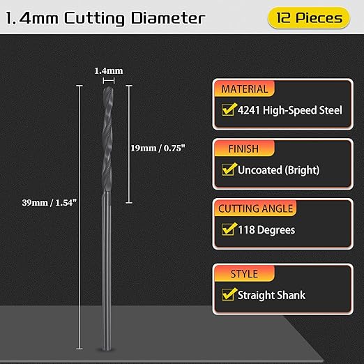 Drill Bit, 1.4mm Cutting Diameter, 4241 HSS Nitriding Black 118° Cutting Angle Versatile Jobber Bits - (Applications: for Drilling Plastic Wood Soft Metal), 12-Pieces