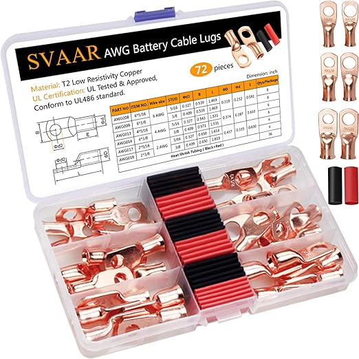 Bare Copper Lugs 2 4 6 Gauge Battery Lugs 72pcs Heavy Duty Wire Lugs 2 AWG 4 AWG 6 AWG Battery Cable Ends Ring Terminals Kit with 3/8" & 5/16" Stud Cable Lugs Terminal Connectors with Heat Shrink Tube