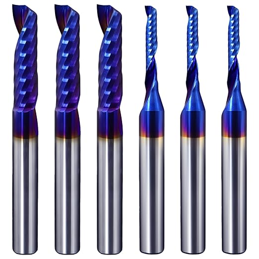 O-Flute Spiral Router Bit Set, 1/4 Inch Shank, Nano-Coated Solid Carbide CNC Router Bits for Aluminum, Plastic, Acrylic, Metal, Wood, MDF (3pcs 1/8"+3pcs 1/4")