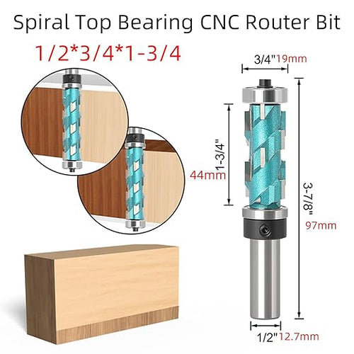 1/2 Shank 1-3/4" Spiral Top Bearing CNC Router Bit Flush Trimming Bit Engraving Router planing Head Wood Cutter Woodworking Tools Carving Cutting Tool