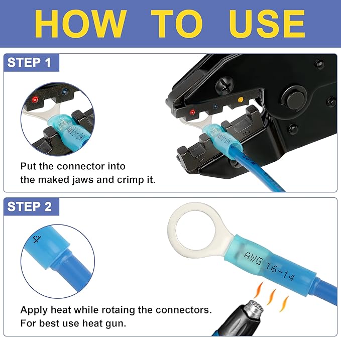 haisstronica Crimping Tool for Heat Shrink Connectors with 260PCS Marine Grade Heat Shrink Ring Connectors of Tinned Red Copper AWG 22-10