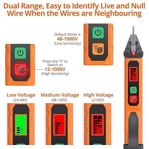 Proster Non Contact Voltage Tester Pen - Adjustable AC Voltage Detector, Electric Volt Pen Tester Pen 12-1000V/48-1000V with LED Flashlight