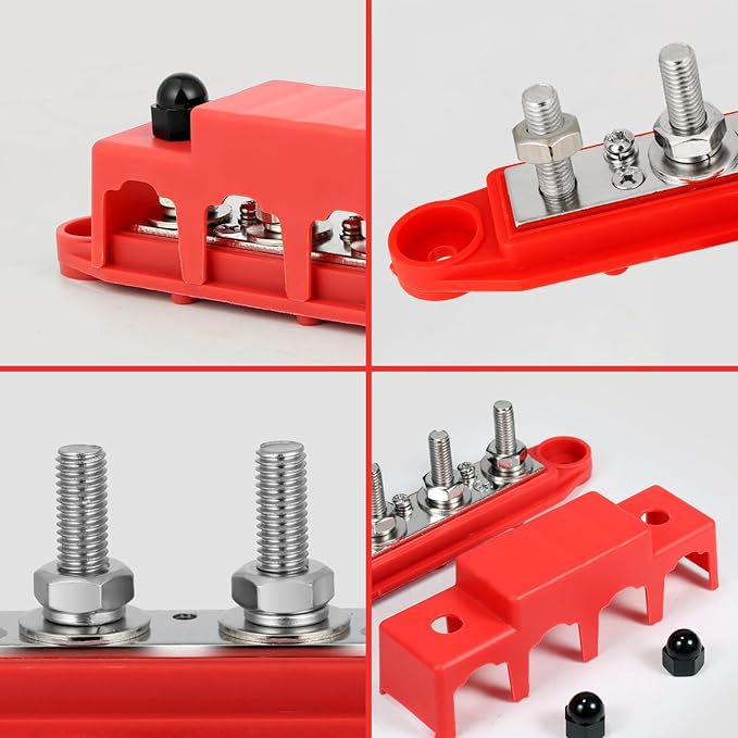 Heart Horse Power Distribution Block Bus Bar 3/8'' Terminal Stud 4 Post with Cover 250 Amp Rating for Marine Automotive and Solar Wiring RV Boat (250A, 3/8'', Red+Black)
