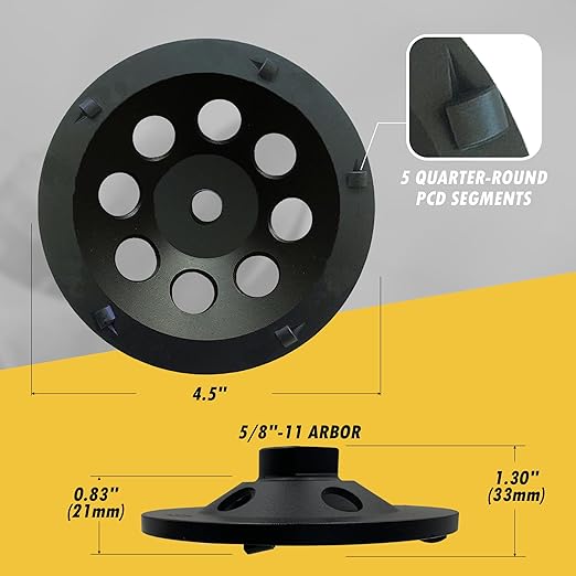 4.5" PCD Grinding Wheel for Epoxy, Glue, Mastic and Paint, 5 PCD Segments, 5/8"-11 Threaded Arbor