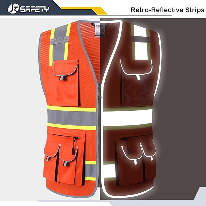 JKSafety 10 Pockets Hi-Vis Neon Color Frontal Zipper Mesh Safety Vest for Men Women Safety Utility for works Comply to ANSI/ISEA Class 2 (86-Orange XL)