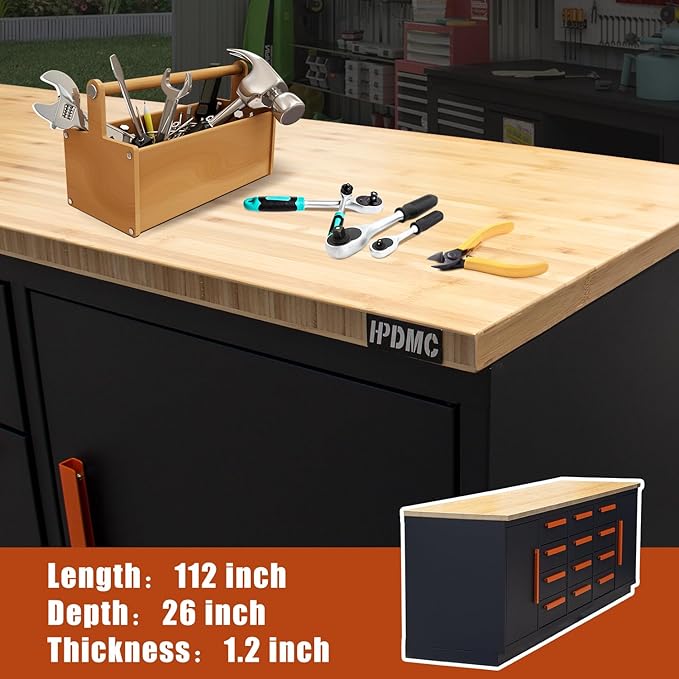 Heavy Duty Garage Cabinet Workbench Table w/Solid Wood Top, Workstation Garage Workbench with Storage for Garage, Warehouse, Office, Workshop, 112.2" W x 26.4" D x 36.2" H
