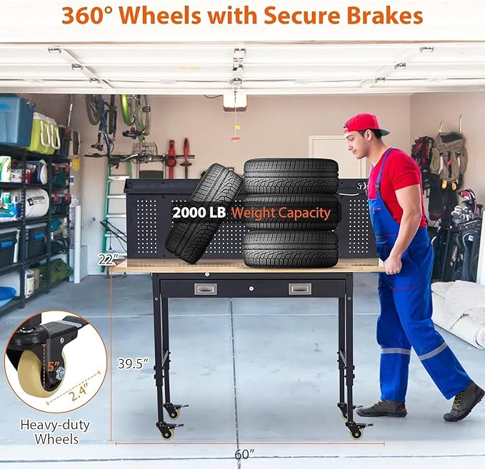 60" Heavy Duty Adjustable Workbench with Drawer Storage, Large Pegboard & Strip Light - 2000 LBS Capacity, 4 Lockable Casters for Garage, Workshop, Home