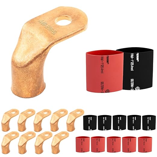 SELTERM 10pcs - 4/0 AWG 5/16" Stud - 90° Bent Battery Lugs - Ring Terminal Connectors with 12pcs 3:1 Black & Red 1" Heat Shrink Tubing - Heavy Duty Battery Cable Ends - Bare Copper Wire Connectors Kit