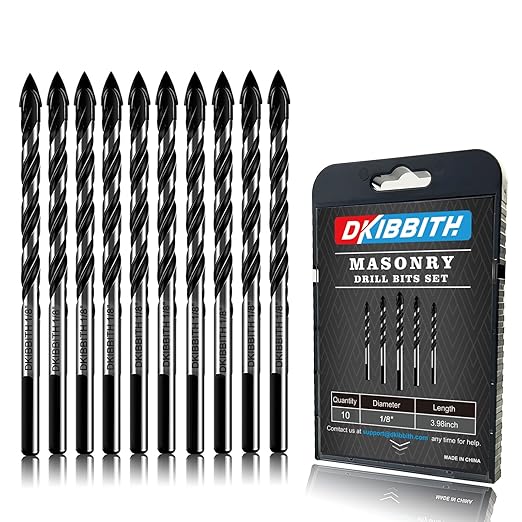 10-Piece 1/8" Masonry Drill Bits for Tile Glass Ceramic Wall Brick Stone Soft-Metal Wood, 1/4 Inch Concrete Drill Bits Cement Drill Bit Set, 3-Flat Shank, YG8 Carbide Tungsten Steel Alloy Tip 3mm