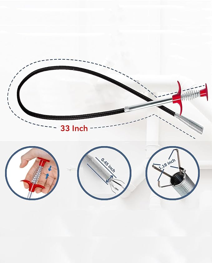 Flexible grabberDrain Snake Tool - The Ultimate 33inch Flexible Grabber for Hair, Unclog Any Drain in Minutes! Gunk & Debris in Sinks, Showers & Tubs. No More Chemicals, Just Quick Results!