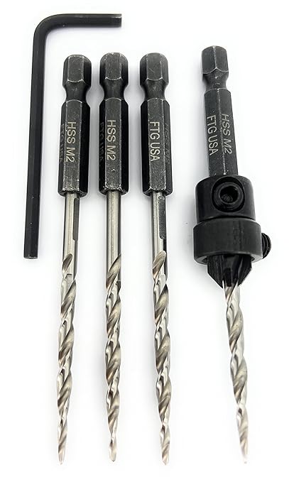 FTG USA Adjustable Wood Countersink Drill Bit #6 (9/64") with 3 Tapered Drill Bits for Woodworking