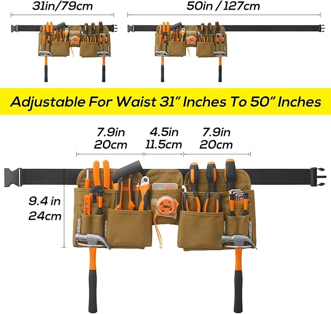 19 Pocket Tool Belts with Quick Release Buckle, Adjustable Utility Belt,Work Apron for Men and Women,for Garden,Electrician,Carpenter,Construction,Gifts(Khaki)