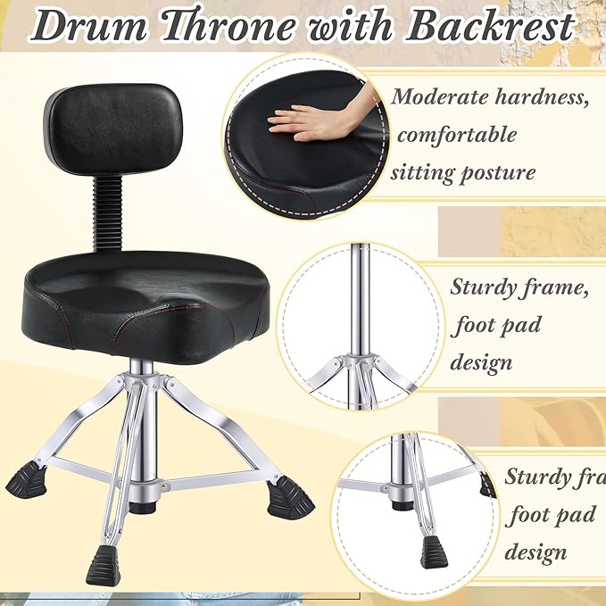 Sintuff Drum Throne with Backrest, Heavy Duty Adjustable Padded Hydraulic Drum Chair, Motorcycle Height Stool with Stable Bass Memory Foam Seat for Adult Drummers Guitar Players(Black,Classic)