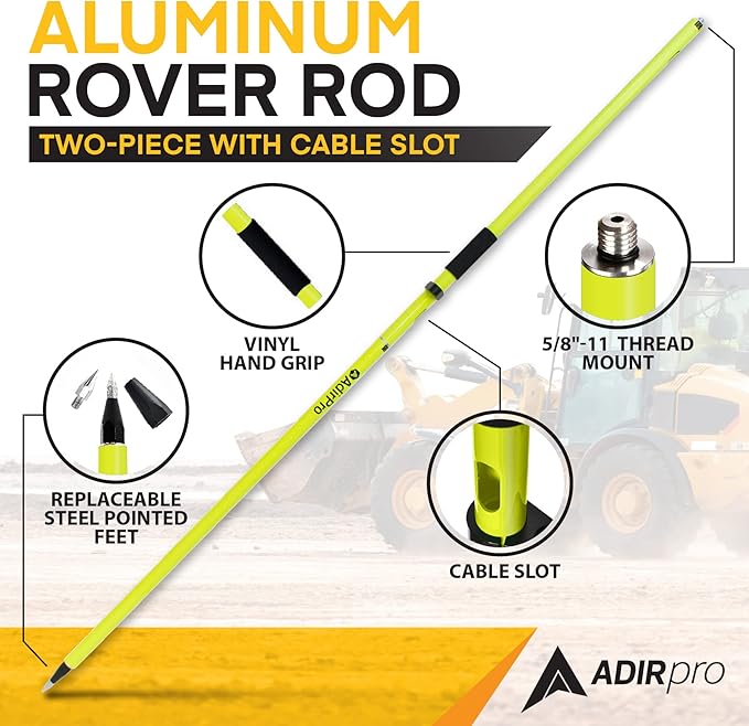 AdirPro Aluminum GPS Rover Rod – 2m 2-Piece Design GPS Pole for Land Surveying & Engineering – RTK GPS/GNSS Accessory – Includes Level Vial & Carrying Case (Fluorescent Yellow)