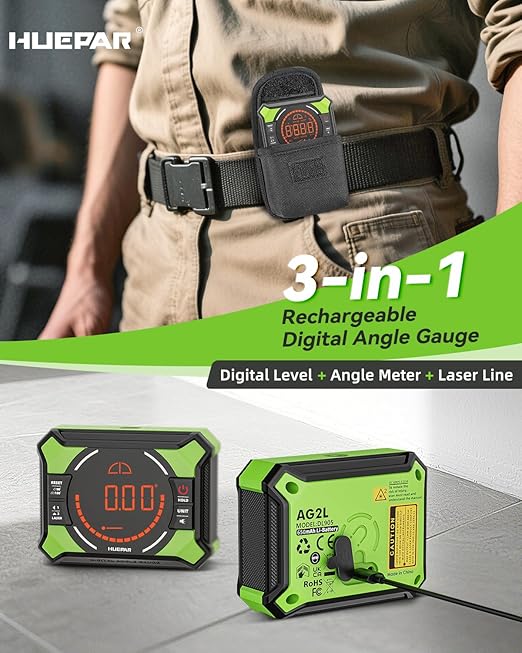 Huepar Digital Angle Gauge with Laser Level, Rechargeable 3-in-1 Digital Angle Finder with Magnetic, Measures 0-90° & 0-180° Range, Digital Electronic Level Accessory for Woodworking Tools