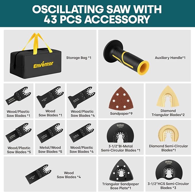 Enventor Oscillating Multi Tools, 2.5A Electric Oscillating Saw with 43PCS Accessories, 15000-22000 OPM, 6 Variable Speeds, 3°Oscillation Angle, Auxiliary Handle for Cutting, Scraping, Sanding, Blue