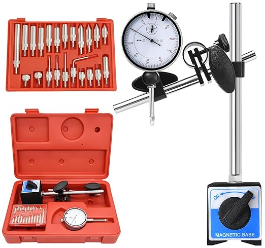 Dial Indicator with Magnetic Base and Point Precision Inspection Set, Dial Test Indicator Long Arm 0-1" Professional Gauge 0.001", Magnetic Dial Indicator Base Holder with Fine Adjustment, by NAKAO