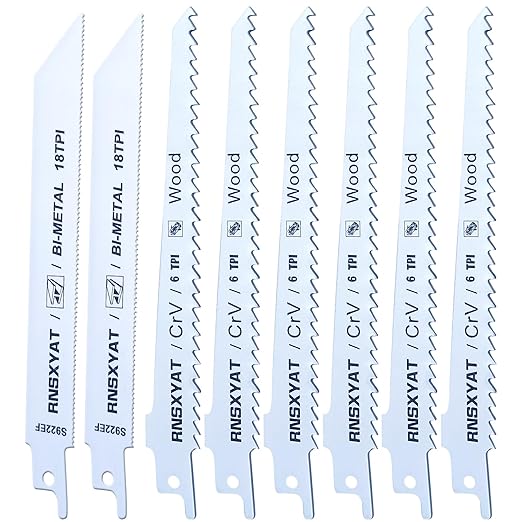 8PCS Reciprocating Saw Blades for Wood Pruning, Including Premium 6Pcs Woodcutting & 2Pcs Carbide Metal Blade with Storage Case (6in 6TPI + 6in18TPI) by RNSXYAT