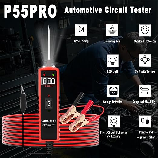 Power Circuit Probe Tester 6V-30V DC Test Light Car Fuse Tester Tool Short Circuit Located Auto Electrical Tester Kit Component Polarity Identify with Overload Protection,P55 Pro Test Probe.