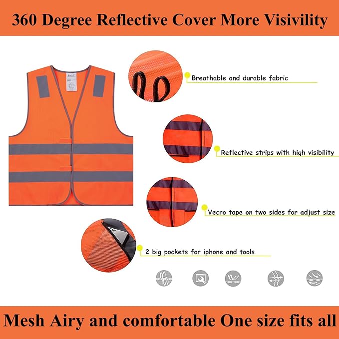 Safety Vests 20 Pack - Orange Reflective High Visibility Construction ANSI Class 2 Work Vests for Men,Woman,Hi Vis Mesh and Neon Silver Strip