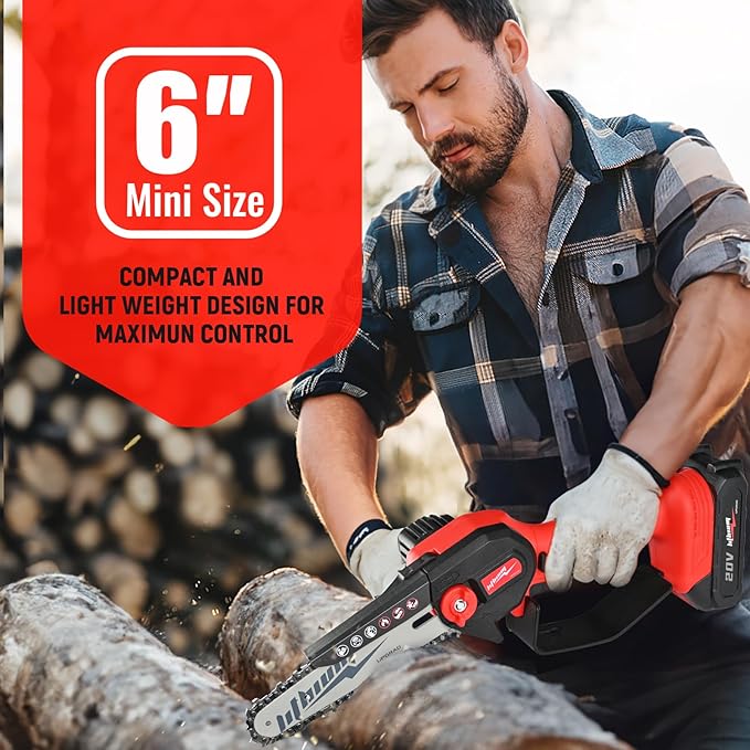 Cordless Mini Chainsaw, 20V Max Battery 6 Inch Small Chain Saw, One-Hand Handheld Electric Portable Chainsaw for Cutting Wood Trimming and Woodworking- Mini Chain Saw Cordless with 1 Batter