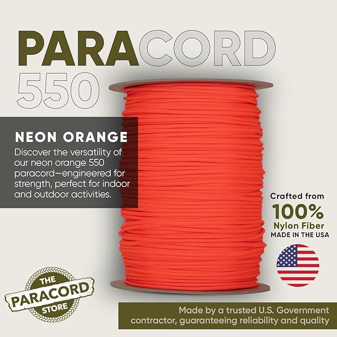 The Paracord Store | Type III 550 Paracord - 250 FT Spool, Neon Orange | Heavy Duty 7 Strand Tactical Paracord - USA Made Nylon Outdoor Parachute Cord for Camping, Fishing & More - Survival Cord