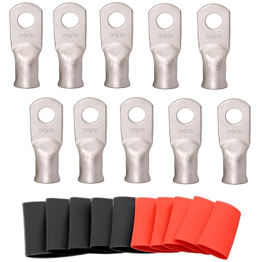 SVAAR 10pcs 2 AWG - 5/16'' Tinned Copper Cable Lugs Wire Lugs UL Listed 2 Gauge Ring Terminals Wire Lugs Battery Cable Ends Heavy Duty Closed End Crimp Connectors with 10pcs 3:1 Heat Shrink Tubings
