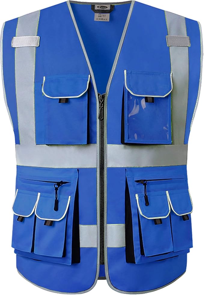 JKSafety 10 Pockets High Visibility Zipper Front Blue Safety Vest with High Reflective Strips Meets ANSI/ISEA Standards (Medium, 88-Blue)