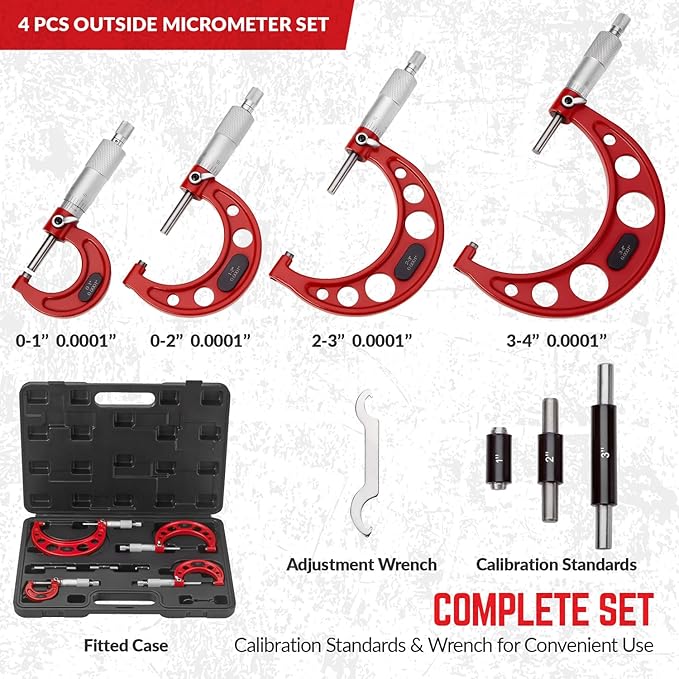 Premium Outside Micrometer Set 0-4" / 0.0001" (0-1"/1-2"/2-3"/3-4") Precision Machinist Tools w/Carbide Tips, Standards, Ratchet Stop