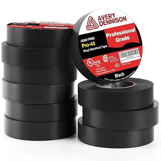 Avery Dennison Electrical Tape ¾ in x 99 ft, 10 Rolls Professional Grade PVC Electric Tape, UL/CSA Listed Insulating Vinyl Tape for Electrical, Repairs, Automotive and Equipment, Pro-43, Black