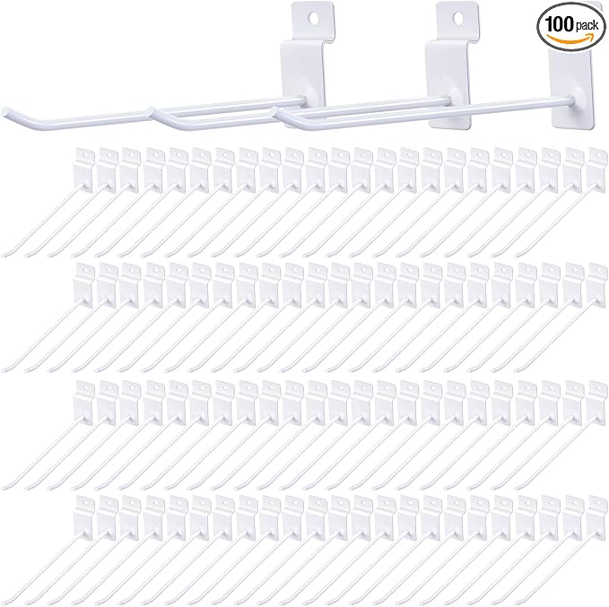 Moxweyeni 100 Pack Slatwall Hooks Slatwall Accessories Slat Wall Hanging Pegboard Hangers Slat Board Display Hooks for Retail Garage Organization Gridwall, White(5.9 Inch)