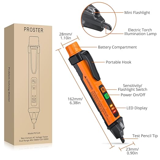 Proster Non Contact Voltage Tester Pen - Adjustable Sensitivity AC Voltage Detector, Electric Volt Pen Tester Pen 12-1000V/48-1000V, Contactless Voltage Detector