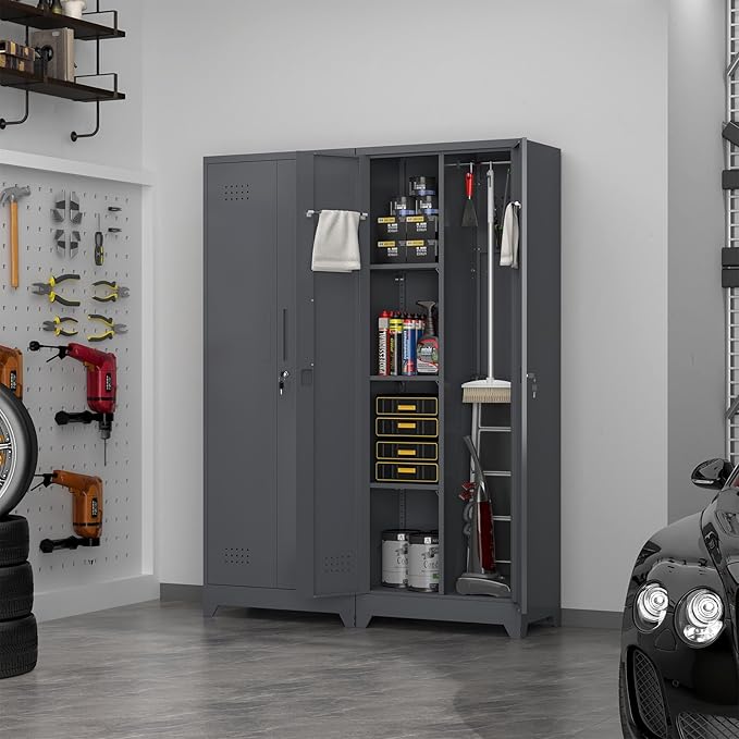 65''H Broom Closet Storage Cabinets, Metal Utility Closet Storage Cabinet, Indoor Cleaning Cabinet with Adjustable Shelves and S-Hooks for Bathroom,Garage