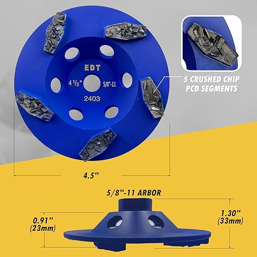 4.5" PCD Grinding Wheel for Epoxy, Glue, Mastic and Paint, 5 Crushed Chip PCD Segments, 5/8"-11 Threaded Arbor