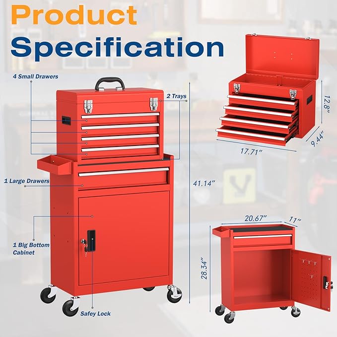 5-Drawer High Capacity Rolling Tool Chest, Removable Toolbox on Wheels Organizers, Lockable Tool Box Tool Storage Cabine with Drawers and Wheels for Workshop and Warehouse (Red)