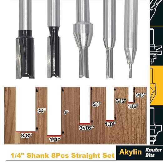 8Pcs Straight Router Bit 1/4 Shank,Cutting Diameter 1/16"-1/8"-3/16"-1/4"-3/8"-1/2"-5/8"-3/4",CNC Carbide Straight Router Bits for Woodworking Routing, Plunging, Dadoing (Wooden Case Package)