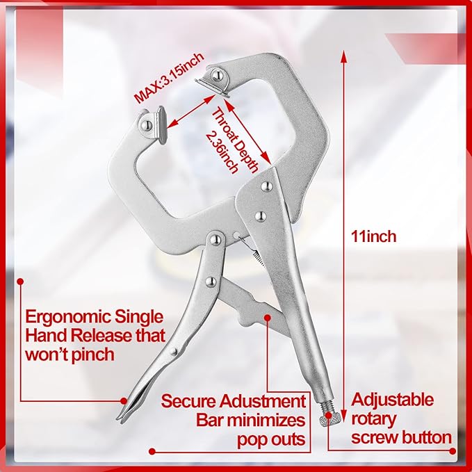 Yexiya 10 Pcs Locking C Clamp, Locking Pliers Adjustable Welding Clamp with Regular Tip and Swivel Pad for Shop Home Farm and Auto Workshop Woodworking, Cabinetry, Repair (11 Inch)