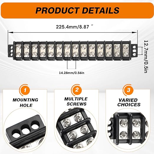 Terminal Blocks Double Row Stainless Steel 10-22 AWG Copper 600V/30A Rated 2-14 Poles Neat Circuit Solution 1 Pack TBD (14 Poles)
