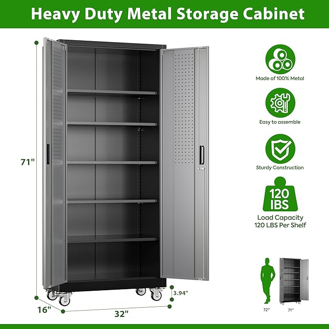 Garage Storage Cabinet with Pegboard and 5 Adjustable Shelves, 71'' x 32'' x 16''Metal Lockable Cabinet with Magnetic Doors,Tool Storage,Home Office Garage,Gym,School (Black-Grey)