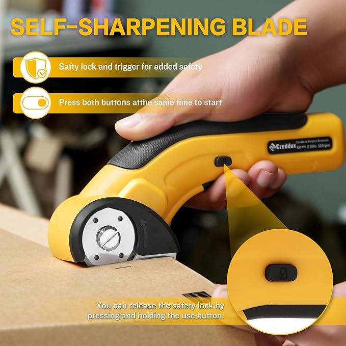 Electric Box Cutter, Cordless Electric Scissors With Safety Lock, USB Rechargeable Cardboard Cutter for Packages Leather Plastic（yellow）