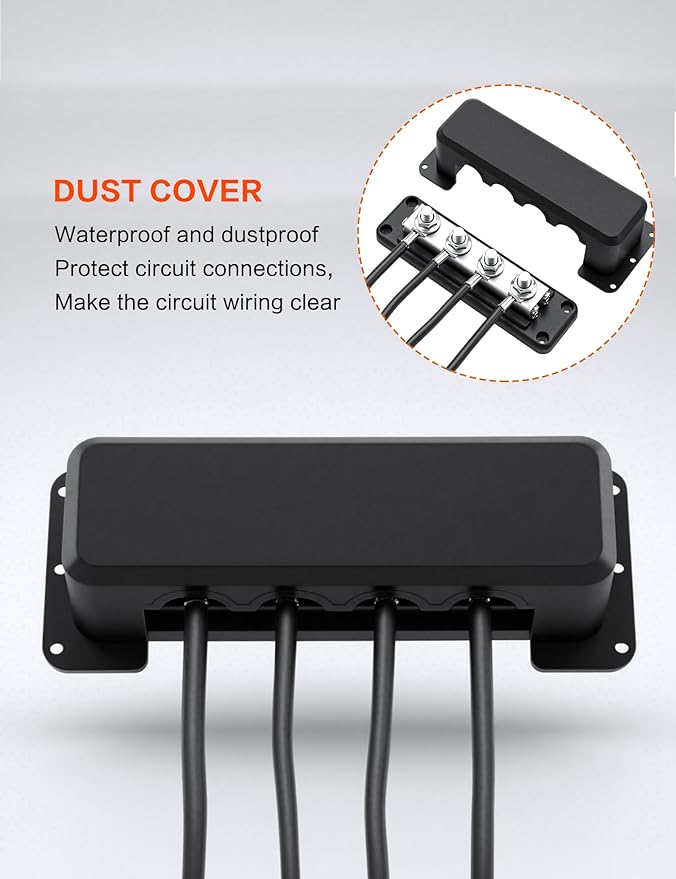 600A Heavy-Duty Bus Bar Nickel Plated Copper Distribution Terminal Block with Cover 4 M10 (3/8 in) Studs & 8 Screws Buss Bar for Solar RV Marine Car Audio 12-48V DC Battery System