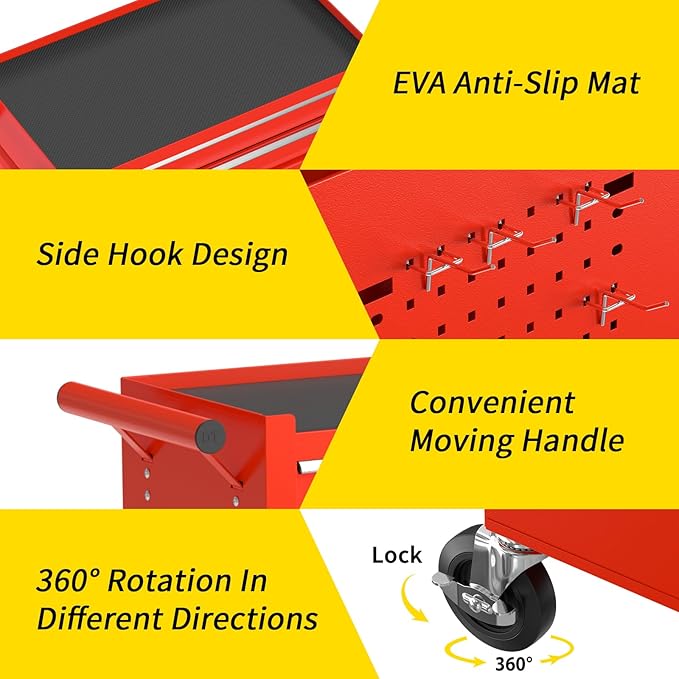 On Shine Rolling Tool Chest - 8 Drawer Large Capacity Metal Tool Box with Wheels, Locking Mechanisms; ideal for Garage, Workshop (Red)
