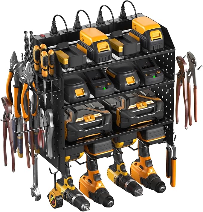 CCCEI Modular Pegboard Rack Power Tool Organizer with Charging Station. 4 Layer Wall Mount Drill Holder, Tool Battery Charger Organizer. Garage Shop Storage Utility Shelf with 10FT Power Strip.