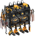 CCCEI Modular Pegboard Rack Power Tool Organizer with Charging Station. 4 Layer Wall Mount Drill Holder, Tools Battery Charger Organizer. Garage Shop Storage Utility Shelf with 6FT Power Strip. Black