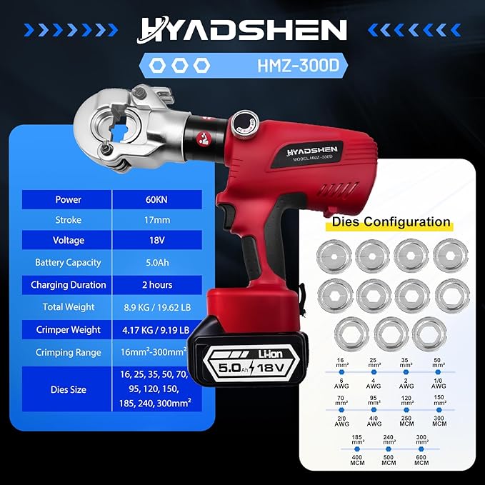 Electric Hydraulic Cable Lug Crimper Pliers Rechargeable Crimping Tool 6 Ton Electrical Terminal Cable Wire Fiber Crimper Kit,Industrial portable electric hydraulic Cable Lug crimper with 11 Dies
