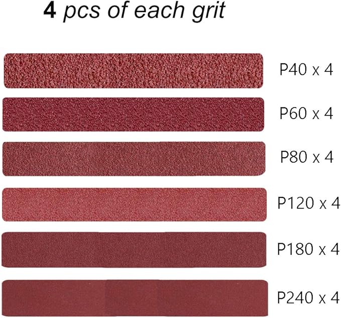 3/8 x 13 Inch Aluminum Oxide Sanding Belts, 4 Each of 40/60/80/120/180/240 Assorted Grits Abrasive File Belts for Air Belt Sander, 24-Pack