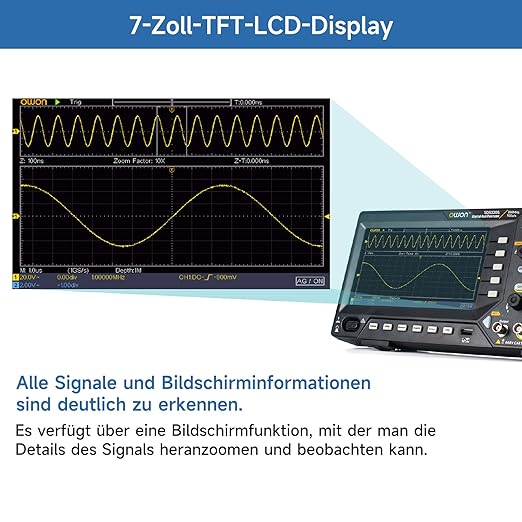 OWON Digital Oscilloscope with Dual-Channel Channels and Screen 7 inch, TFT-LCD Display, Portable Oscilloscope with 1GS/s Sampling Rate, Bandwidth 200MH,8K Waveform Length,SDS220S